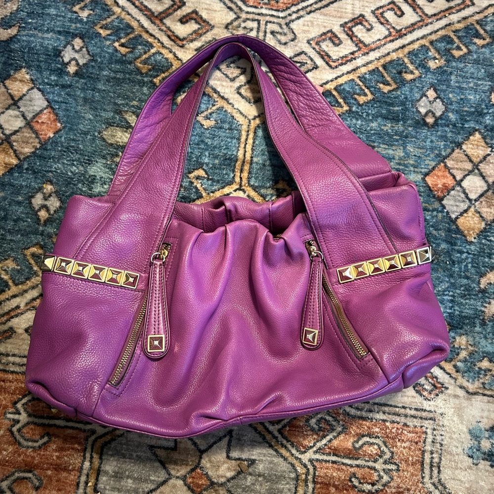 B. Makowski purple leather vintage studded shoulder bag
